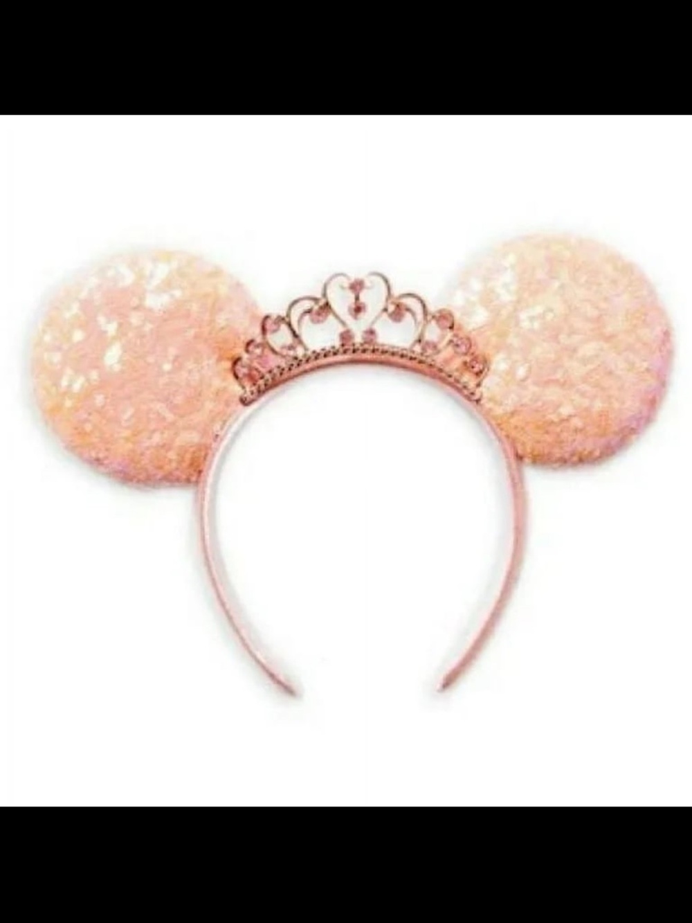 Disney Pink Rose Gold Sequin Minnie Ear Headband with Tiara Accent